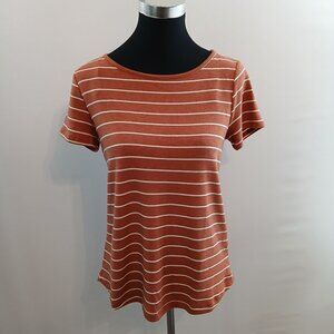 Pink Clover Womens Striped Short Sleeve ButtonBack Top XS Rust White Lightweight